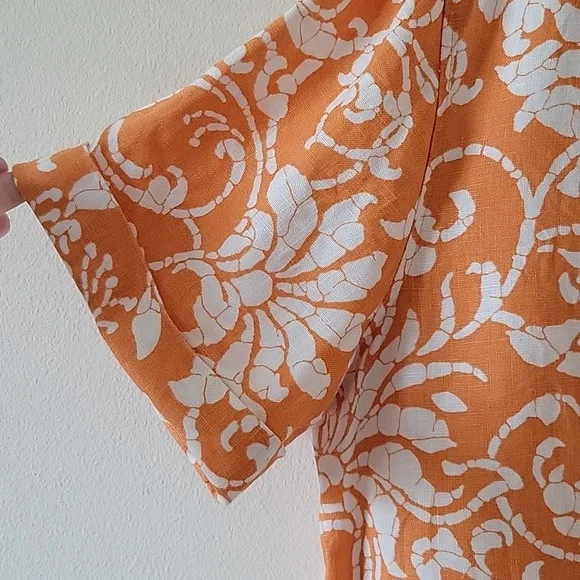 Chico's Orange Linen Hawaiian Tropical Boxy Cut Short Sleeve Button Down Size XL - Picture 3 of 7